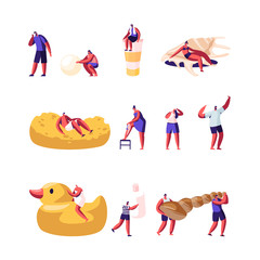 People Relaxing on Beach and Bathing Set . Male and Female Characters Tanning Holding Shells and Pearl Men Women Hygiene Procedure in Bathroom Depilation Washing Hair. Cartoon Flat Vector Illustration