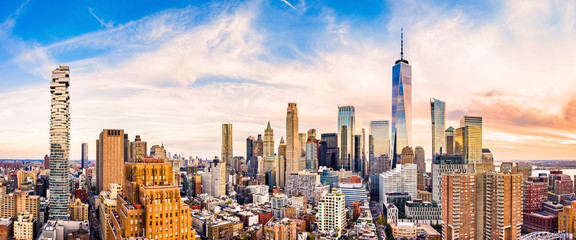 Aerial panorama of Lower Manhattan skyline at sunset viewed from above Greenwich street in Tribeca neighborhood. - obrazy, fototapety, plakaty