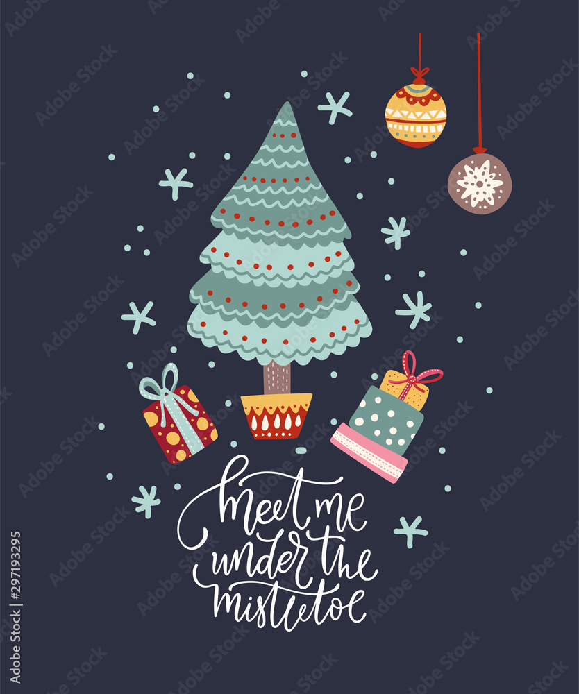 Wall mural christmas funny cartoon mouse card in a flat style with hand drawn fir tree. lettering quote - meet 