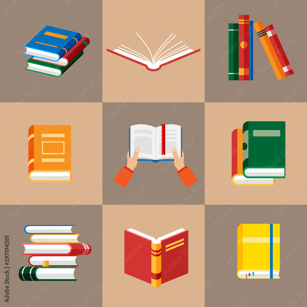 Poster set of book icons in flat style isolated. opened notebook and diary with color bookmarks. stack of l