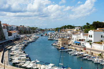 Harbour with boats and yachts in Ciutadella port, Menorca, Balearic Islands, Spain, September, 2019 - obrazy, fototapety, plakaty