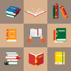 Set of book icons in flat style isolated. Opened notebook and diary with color bookmarks. Stack of literature and documents. Publication, study, learning concept.