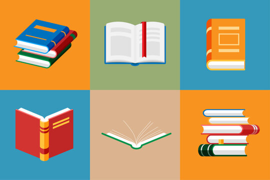 Set of book icons in flat style isolated. Opened notebook and diary with color bookmarks. Stack of literature and documents. Publication, study, learning concept.