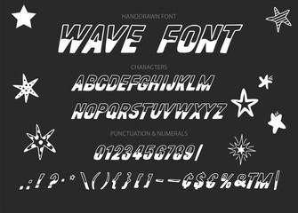 Vector alphabet typeface. Hand drawn modern typeface. Wave font. Uppercase latin letters half painted in ink. Decorative type signs with stars decoration