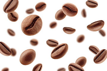 Falling coffee beans isolated on white background, selective focus