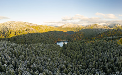 big lake in the middle of mountains during autumn