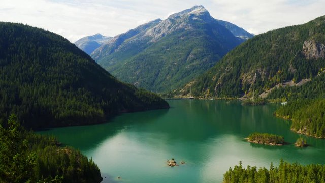 Aerial View Of Diablo Lake, North Cascade Mountains Of Washington State, Northeast Of USA, Deep Emerald Lake, American Hills Mountains And Lakes