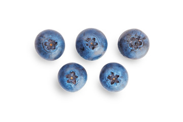 Five blueberries isolated on white background top view