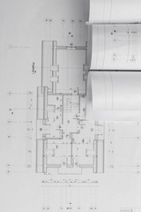 Architect rolls and architectural plan,technical project drawing