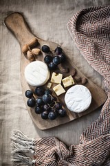 Farm cheeses for the cold autumn and winter season. Young Camembert, Maasdam, Tomino with grapes and almonds. Winter food concept.