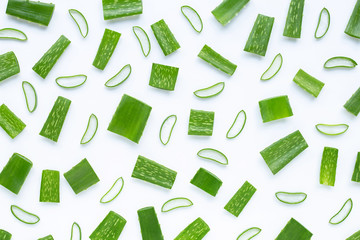 Aloe Vera cut pieces with slices on white background.