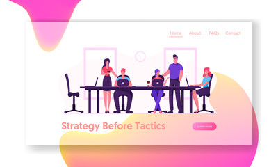 Team Project Development, Teamwork Process Website Landing Page. Business People Employees Sitting at Desk at Board Meeting Discussing Idea in Office Web Page Banner. Cartoon Flat Vector Illustration