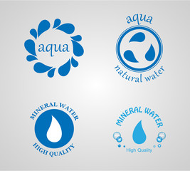 Mineral Water Label And Logo Sticker. Vector Set Isolated On Gray Background. Clear Water Drop Icons. Flat Aqua Logo, Seal, Drink Logo And Bottle Label Design. Drinking Water Label Concept