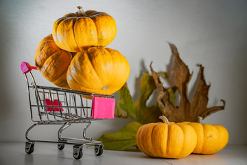 Halloween pumpkins in basket from the supermarket as a symbol of holiday   discounts and autumn...