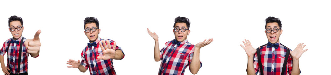 Young man in plaid shirt isolated on white