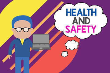 Handwriting text writing Health And Safety question. Conceptual photo regulations and procedures intended to prevent accident Standing man in suit wearing eyeglasses holding open laptop photo Art