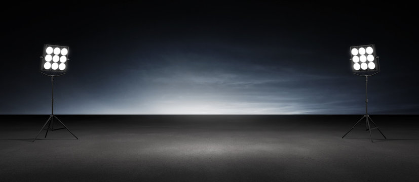 Dark Floor Background Spot Light Scene With Epic Sky Horizon