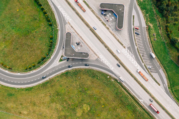 Aerial view of the distribution center, drone photography of the industrial logistic zone.