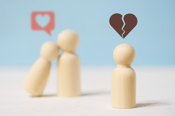 Sad single wooden figure is looking on couple in love.