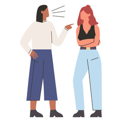 Unhappy women arguing. One woman pointing finger at another who crossed hands on her chest. Concept of addicted partner, bad relationships, two angry people. Flat vector illustration