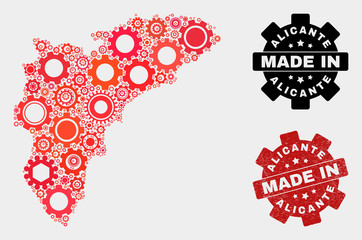 Mosaic industrial Alicante Province map and scratched stamp. Vector geographic abstraction in red colors. Mosaic of Alicante Province map combined of random cogwheel items.