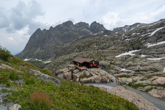 Cabane du Vieux next to the Emosson Dam in Valais in Swiss Alps in Switzerland with Canon 11mm - 22mm Wide Angle Lens