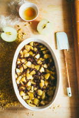 Photography series how to make an apples crumble , from the ingredients to the finish cake, rustic...