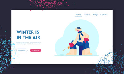 Ice Fishing Website Landing Page. Fisherman in Warm Clothing Sitting with Rod on Lake or Sea Having Good Catch at Winter Day. Relaxing Vacation Hobby Web Page Banner. Cartoon Flat Vector Illustration