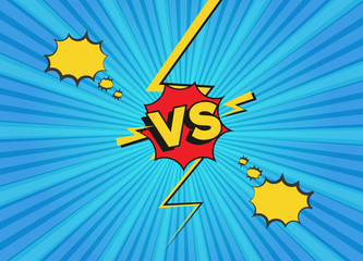 Versus fight backgrounds in flat comics style. Vs battle challenge isolated on blue background. Vector cartoon comics background. Comic fighting duel with lightning ray border.
