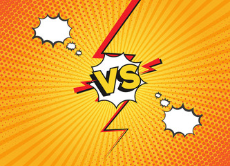 Versus fight backgrounds in flat comics style. Vs battle challenge isolated on yellow background. Vector cartoon comics background. Comic fighting duel with lightning ray border.