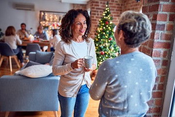 Fototapeta na wymiar Family and friends dining at home celebrating christmas eve with traditional food and decoration, women talking together happy and casual