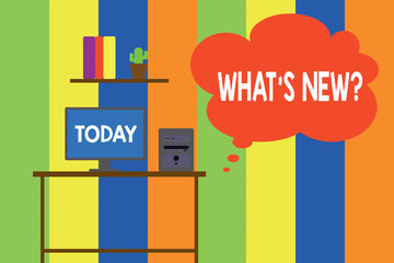Obraz premium Text sign showing What S New Question. Business photo showcasing when you ask someone about his current live events actions Desktop computer wooden table background shelf books flower pot ornaments