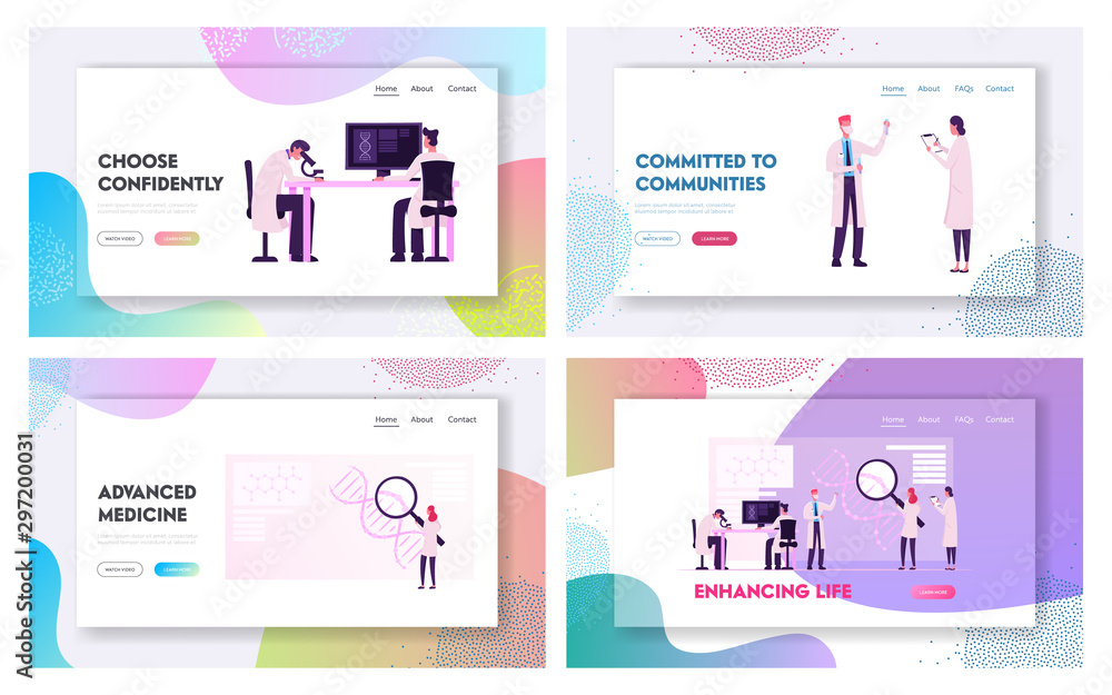 Poster genetics laboratory website landing page set. scientists working with dna molecule using hi-tech equ