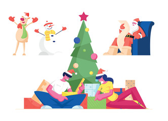 Christmas Celebration Set. Characters Celebrate New Year and Xmas Holidays. Man and Woman Opening Gifts, Santa Claus Read Letter, Reindeer and Snowman Singing Cartoon Flat Vector Illustration Clip Art