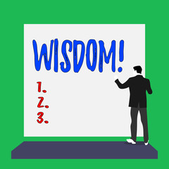 Handwriting text Wisdom. Conceptual photo quality having experience knowledge and good judgement something Short hair immature young man stand in front of rectangle big blank board