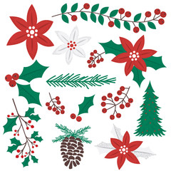 Christmas ornament collection sets, with holly leaf and poinsettia flower, red and green color - obrazy, fototapety, plakaty