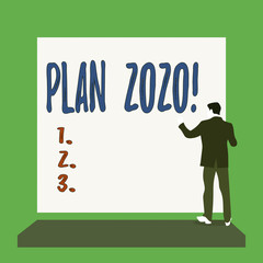 Handwriting text Plan 2020. Conceptual photo detailed proposal doing achieving something next year Short hair immature young man stand in front of rectangle big blank board