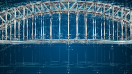 Architect 3D blueprint of bridge engineering structure design for infrastructure  - 3D Illustration Rendering