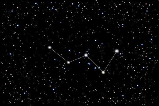 Vector illustration of the constellation Cassiopeia on a background of the starry sky. Mythical character in Greek mythology. Astronomical cluster of stars in space