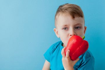 Little kid holding pepper in his hands on blue background. Vegan and healthy concept