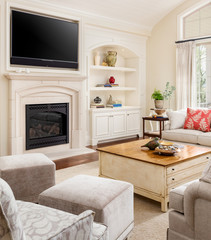 Living room detail in gorgeous new luxury home, with fireplace, tv, built-in shelving, and elegant decor
