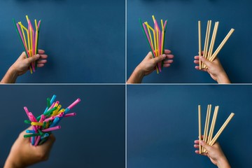 One hand holds colourful plastic straws and another hand holds bamboo straws. Good background for ecology topics. Good collage.