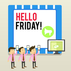 Word writing text Hello Friday. Business photo showcasing used to express happiness from beginning of fresh week SMS Email Marketing Media Audience Attraction Personal Computer Loudspeaker