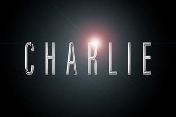 first name Charlie in chrome on dark background with flashes - obrazy, fototapety, plakaty