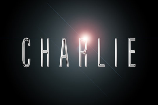 first name Charlie in chrome on dark background with flashes