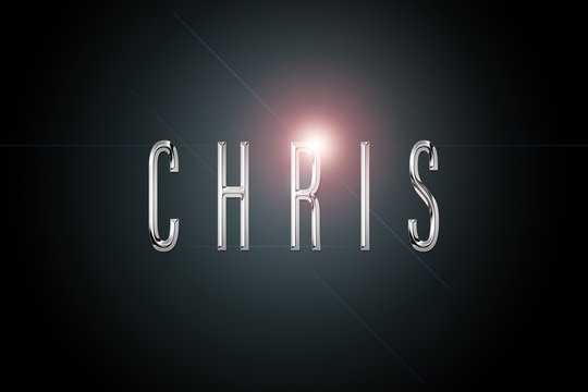 first name Chris in chrome on dark background with flashes