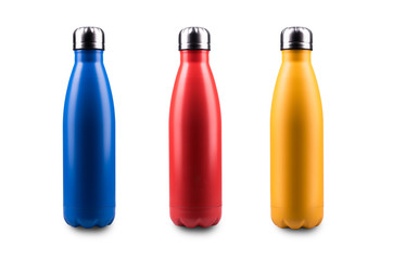 Blue or ultramarine, red and yellow steel thermo bottle for water isolated on white background.