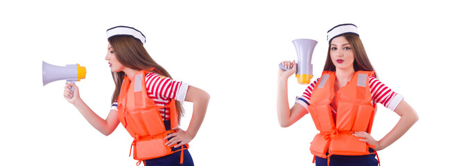 Woman with orange vest isolated on white