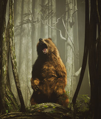 The forest's tales,Brown grizzly bear in magical forest,3d illustration