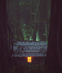 Light from window of an old cabin in haunted forest,3d illustration - 297205641
